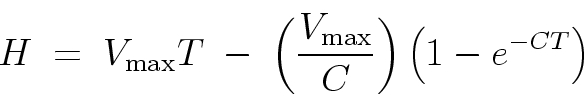 \begin{displaymath}
H \; = \; V_{\rm max} T \; - \;
\left( \frac{V_{\rm max}}{C} \right) \left( 1 - e^{-CT} \right)
\end{displaymath}